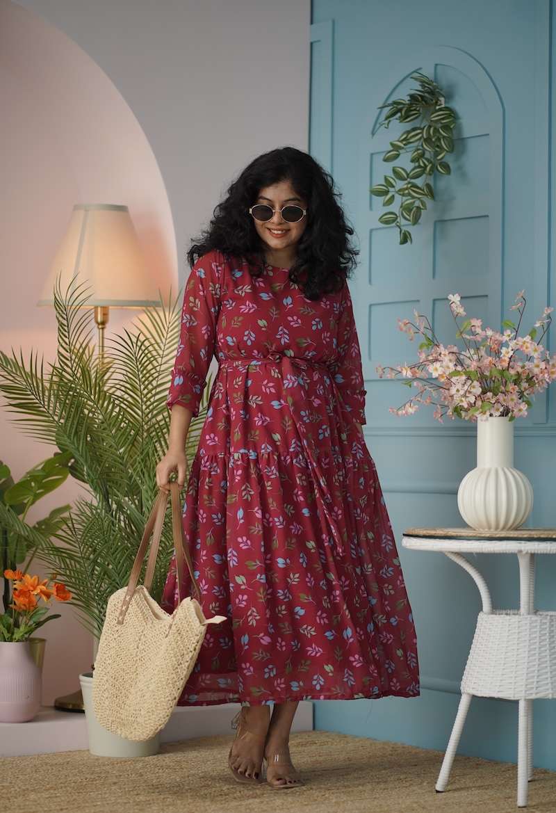maira maroon floral georgette dress