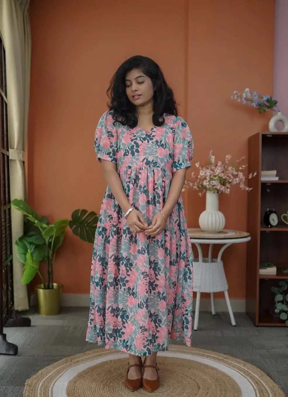 niva coral peach georgette dress