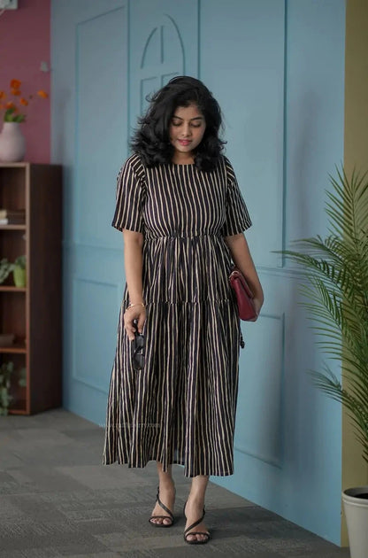 BarB Black Striped Cotton Tier Dress