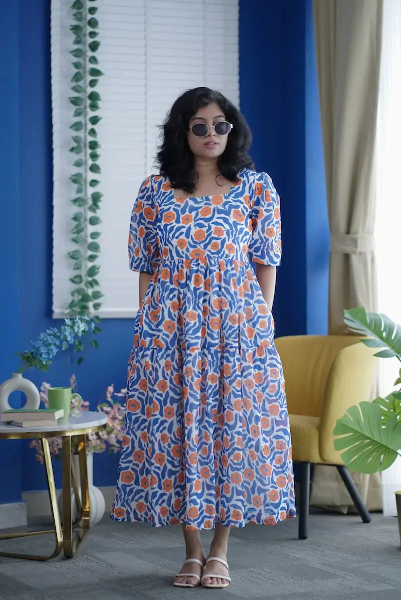 rose blue floral georgette dress