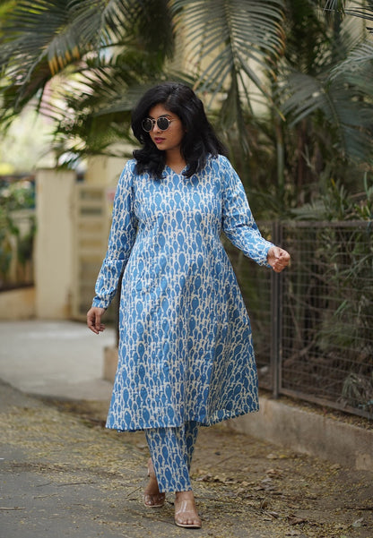 Diya Blue Full Sleeved Aline Cotton Co-ord
