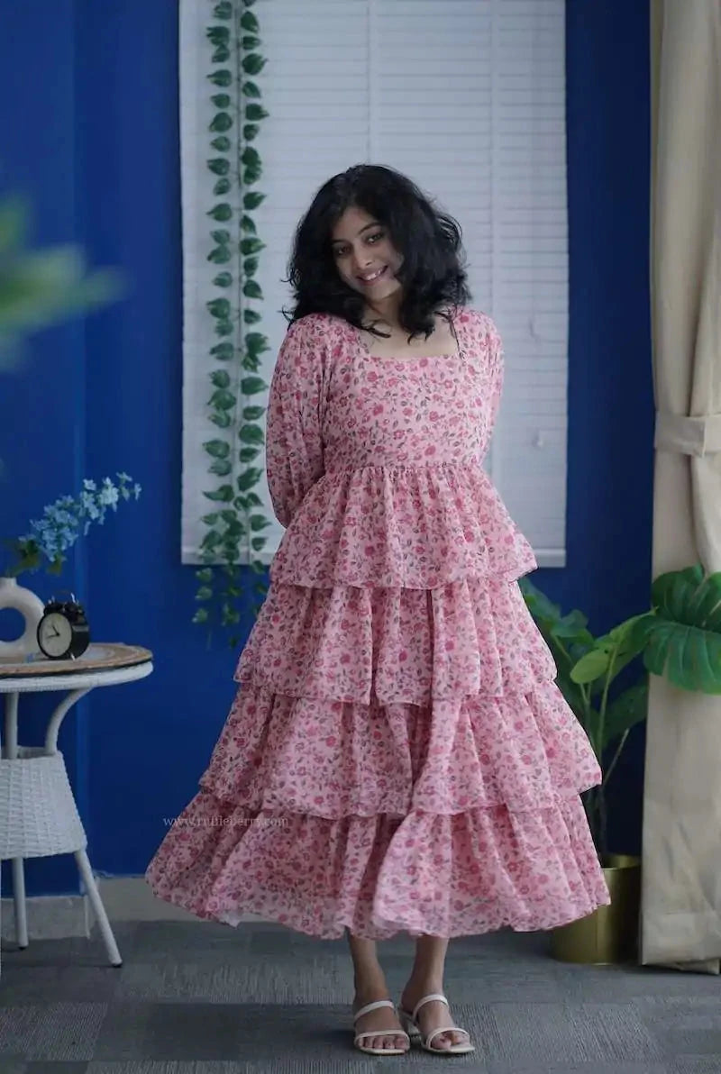 Rose Pink Georgette Layered Dress