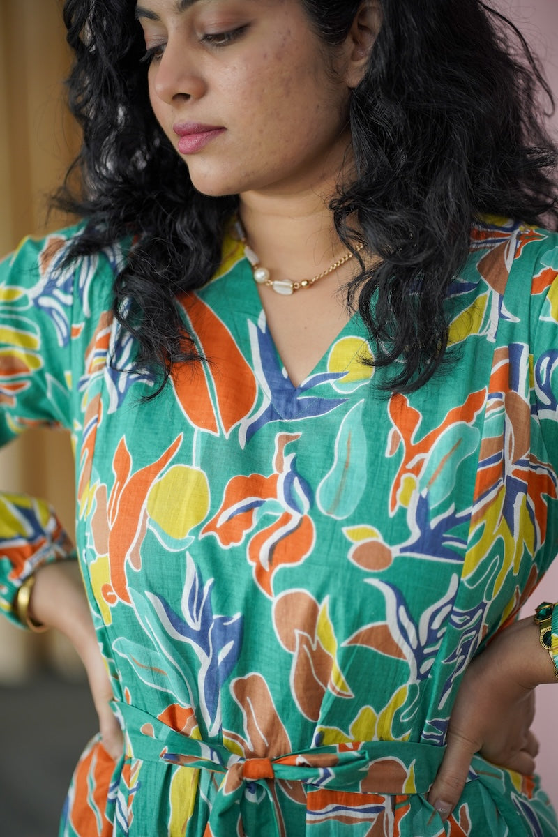 maroba tropical leaves cotton aline dress