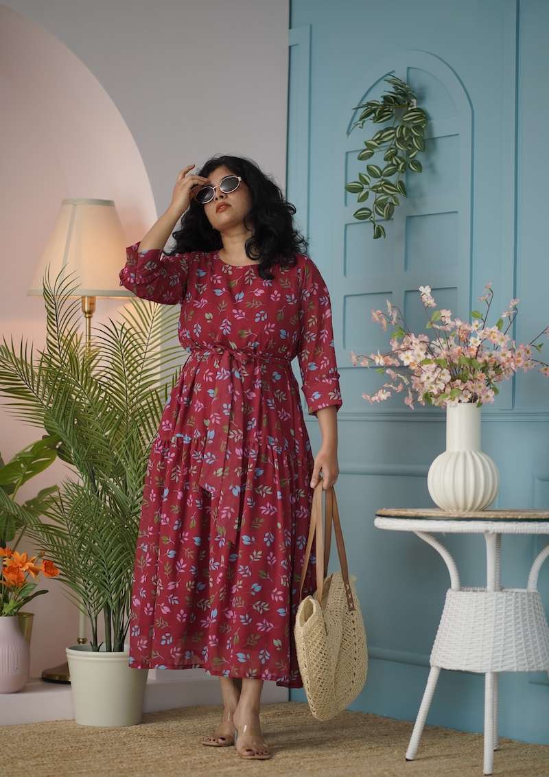 maira maroon floral georgette dress