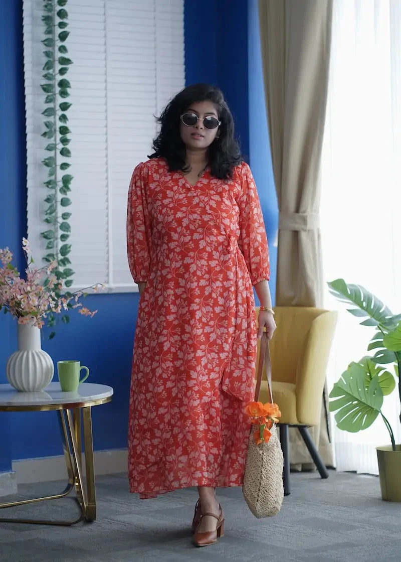 Rose Orange Floral Georgette Dress