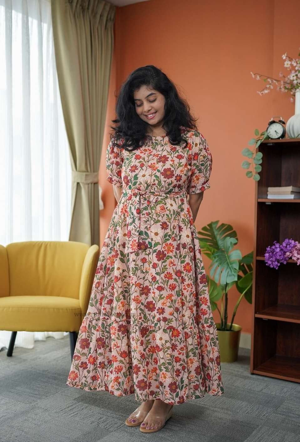 niva peach floral georgette dress