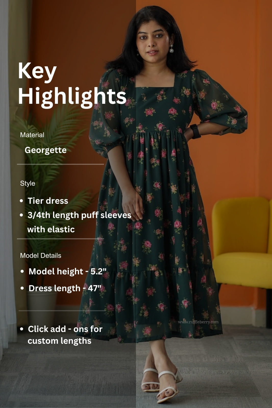 sunburst forest green georgette tier dress
