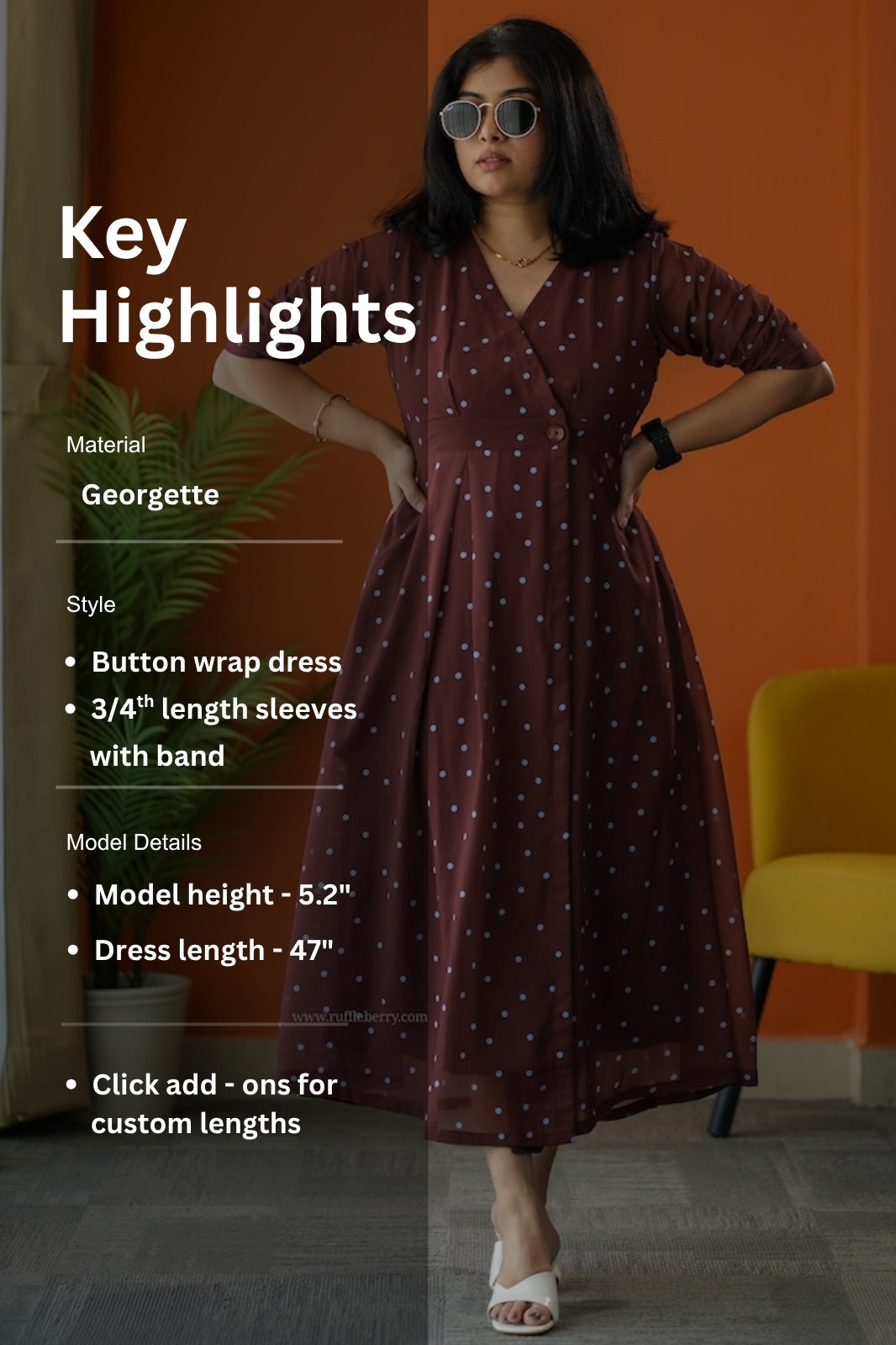 sunburst brown polka georgette button wrap dress