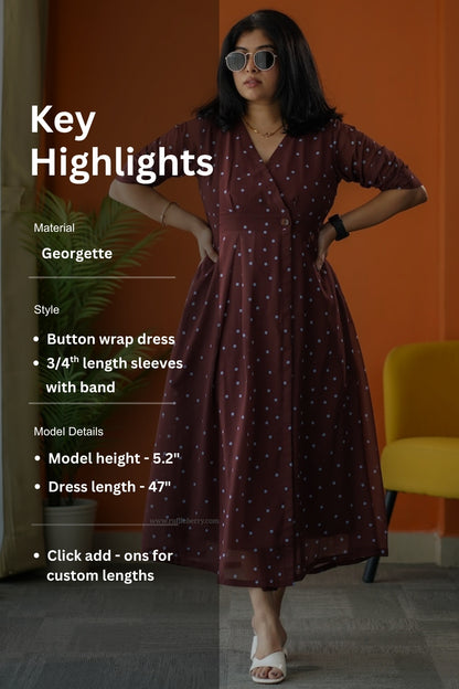 Sunburst Brown Polka Georgette Button Wrap Dress