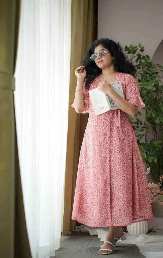 Maira Peach Georgette Wrap Dress