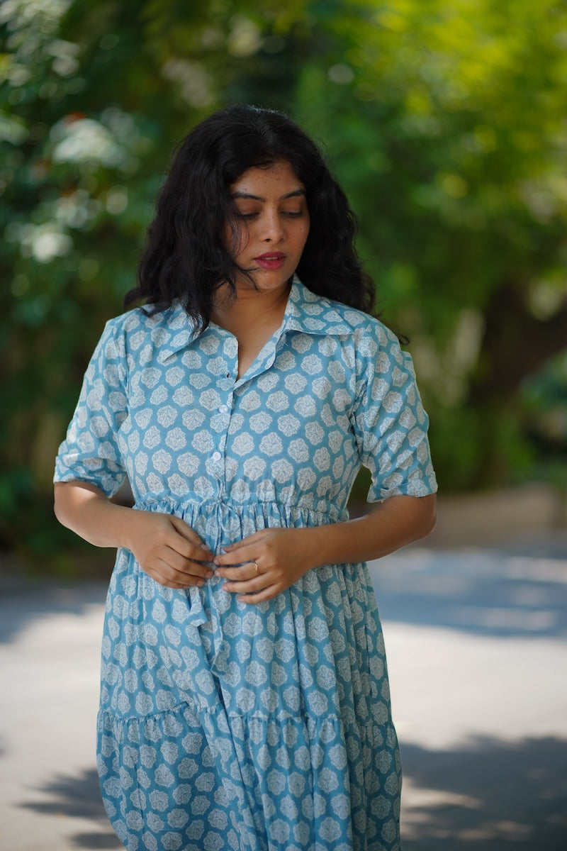 Laya LightBlue Cotton Tier Dress