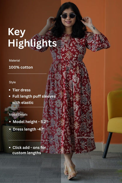 Saavan Maroon Cotton Tier Dress