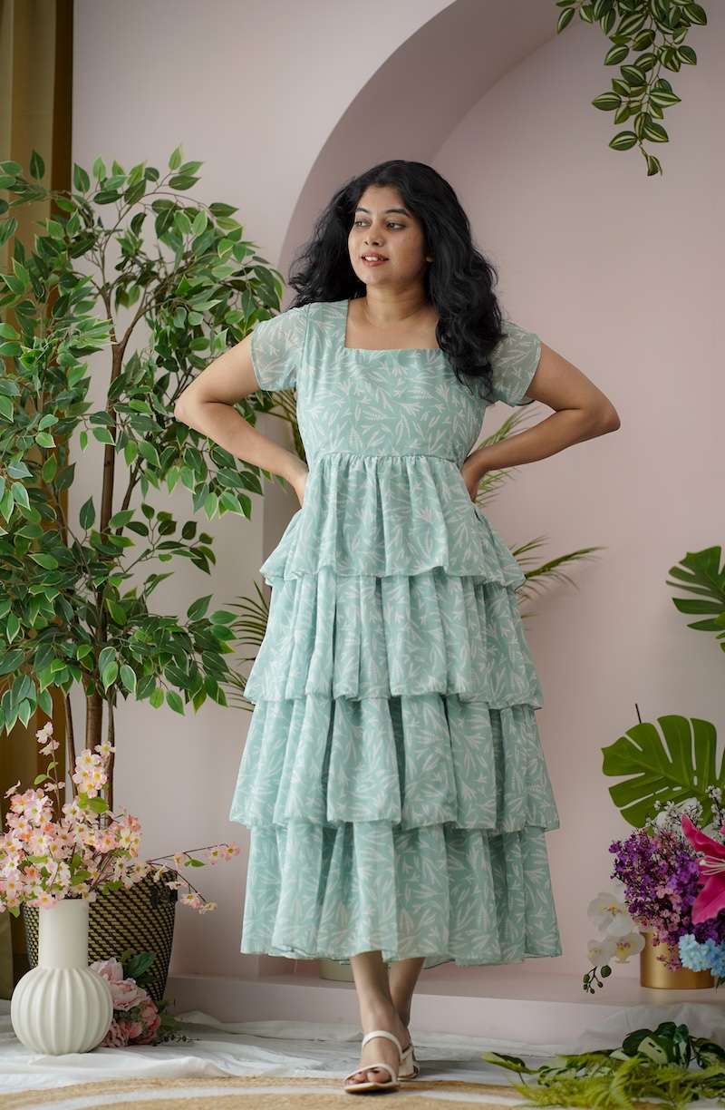 maira seagreen georgette layered dress