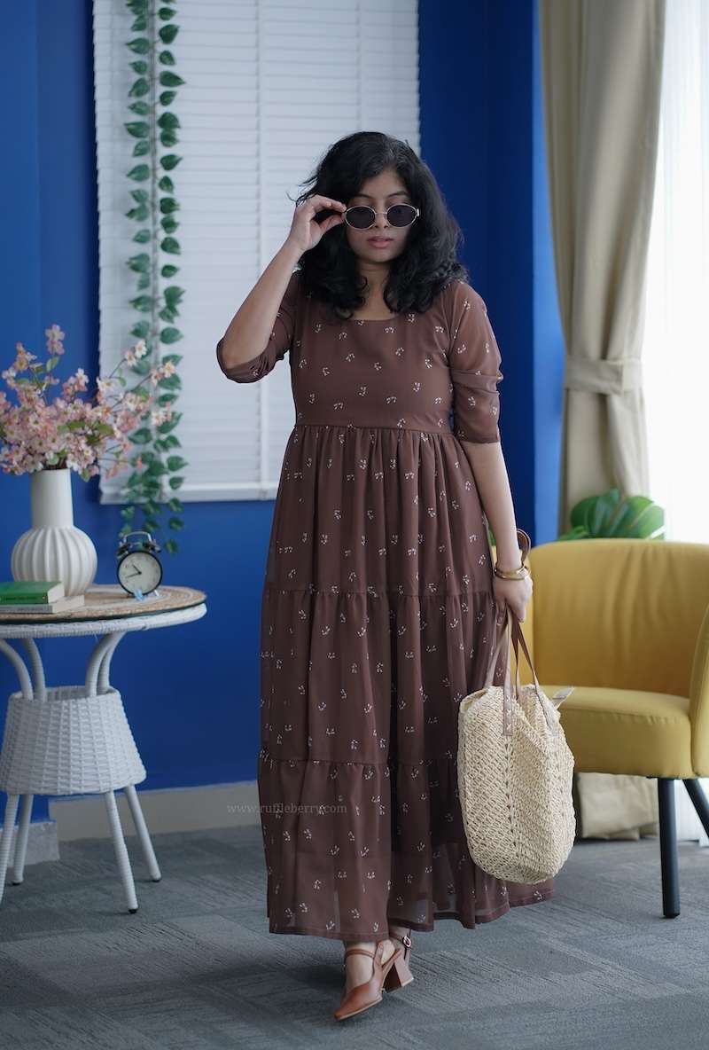 rose brown floral georgette dress