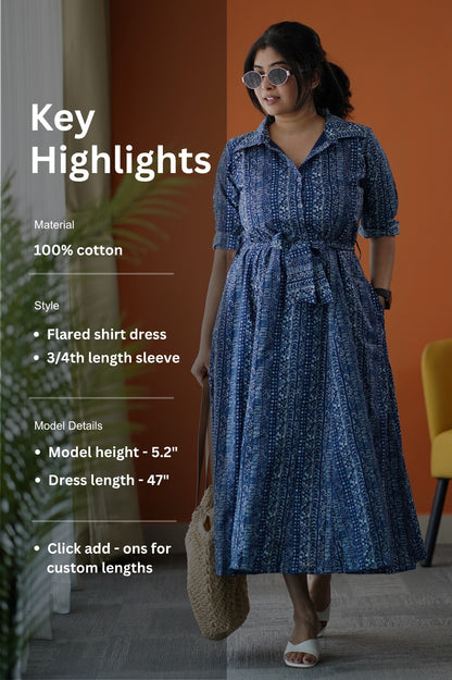 SumLove Indigo Cotton Flared Shirt Dress