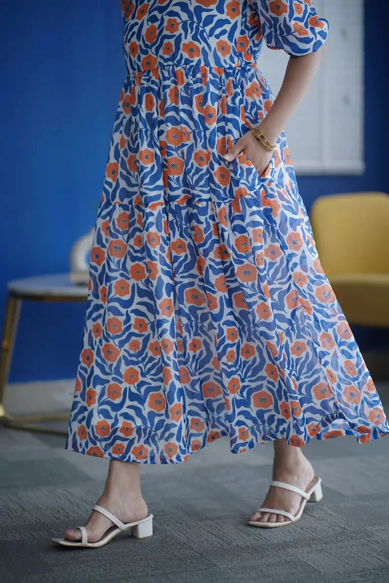 rose blue floral georgette dress