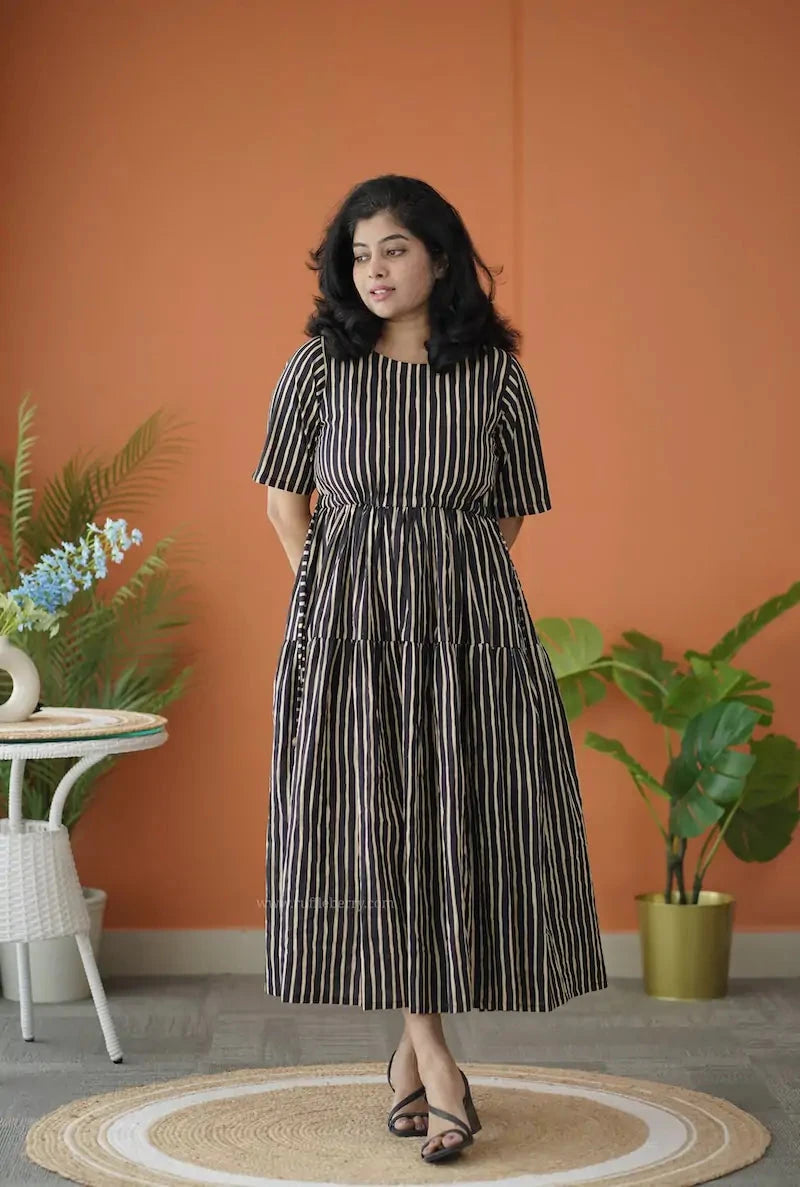 BarB Black Striped Cotton Tier Dress