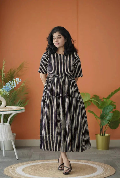 BarB Black Striped Cotton Tier Dress