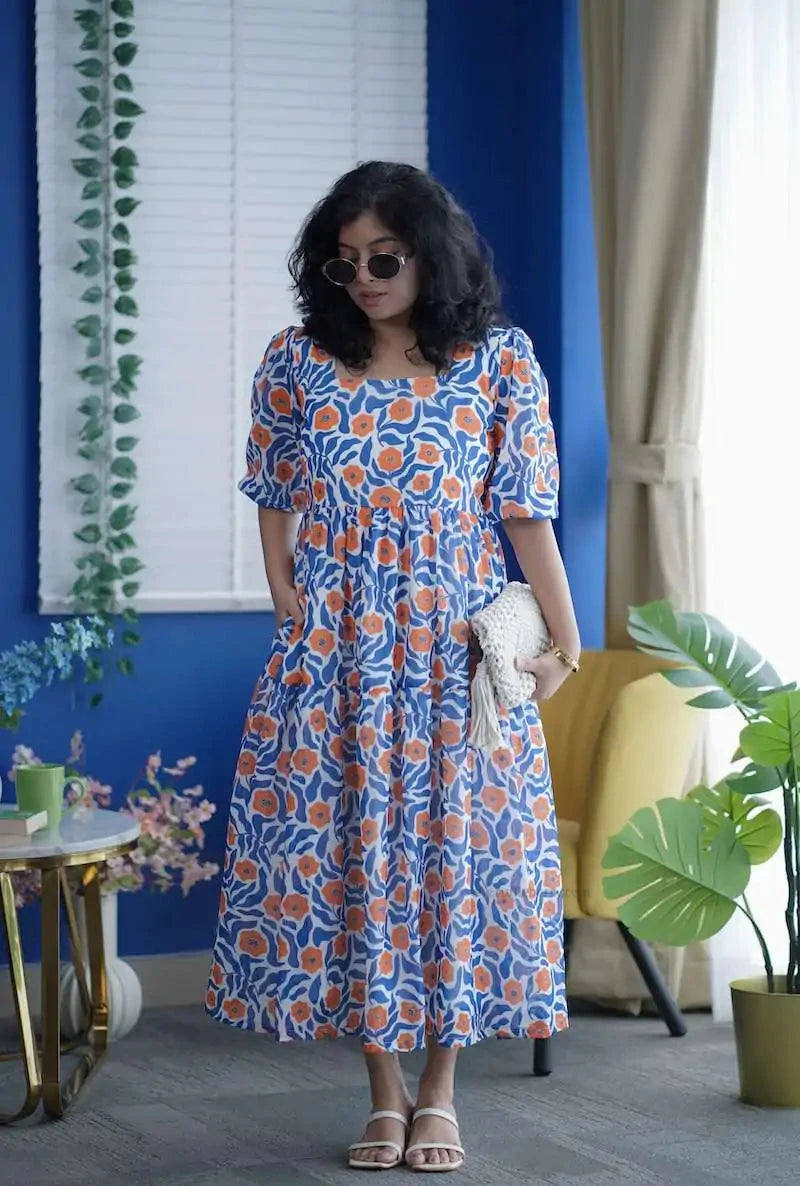 rose blue floral georgette dress