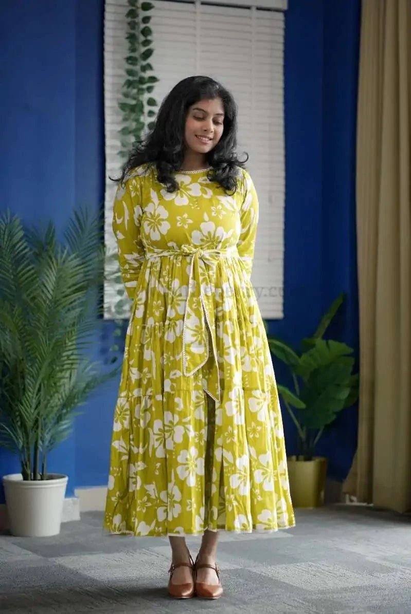 Augusta LimeGreen Floral Cotton Tier Dress
