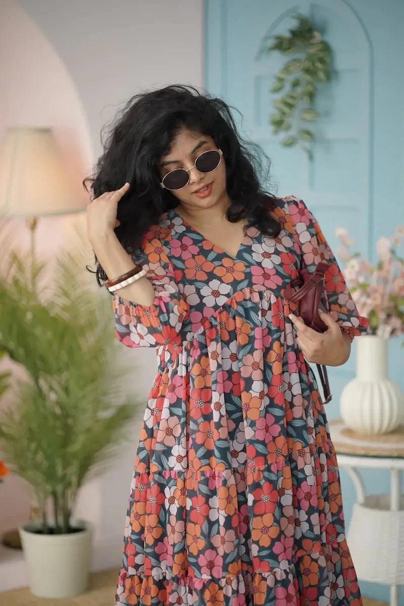 maira multifloral georgette tier dress
