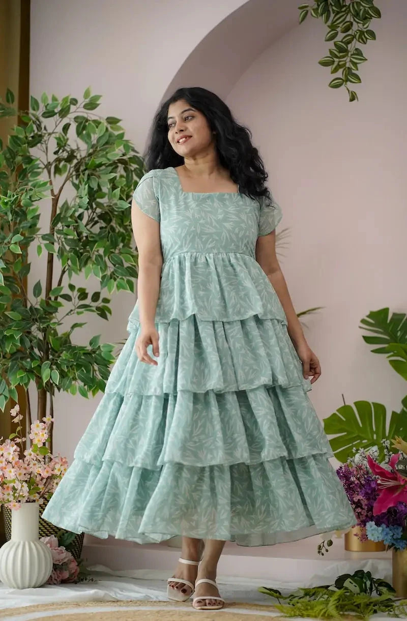 maira seagreen georgette layered dress