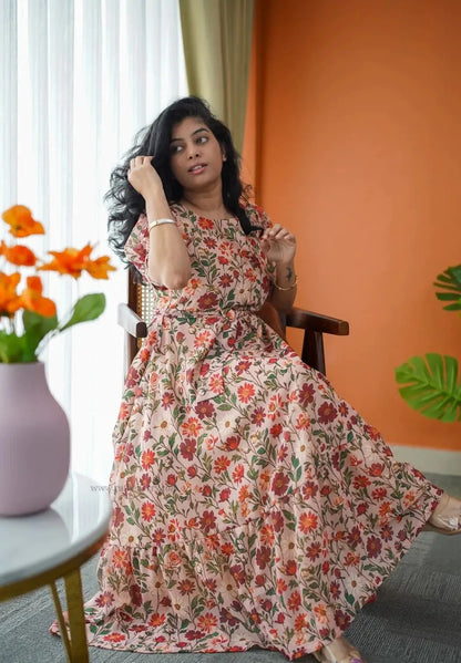 Niva Peach Floral Georgette Dress