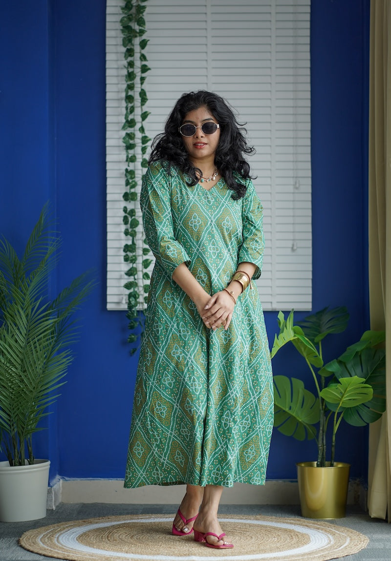 maroba green bandhini cotton aline dress