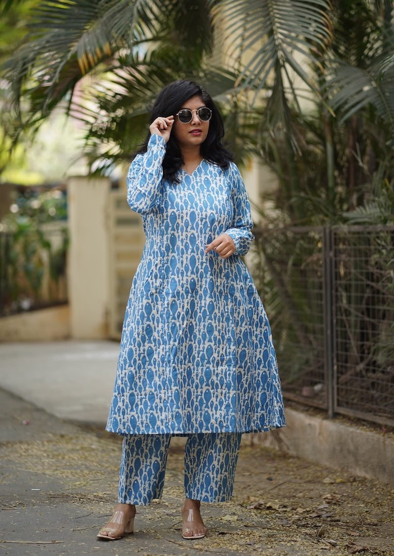 diya blue full sleeved aline cotton co-ord