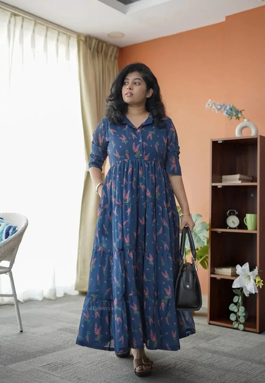 niva navyblue georgette tier dress