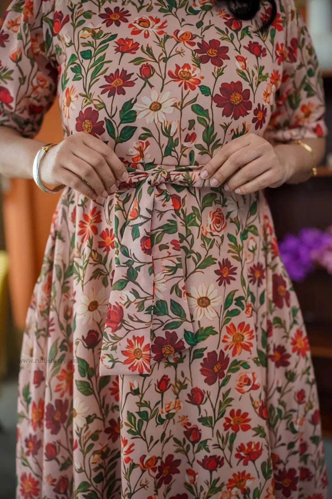 niva peach floral georgette dress