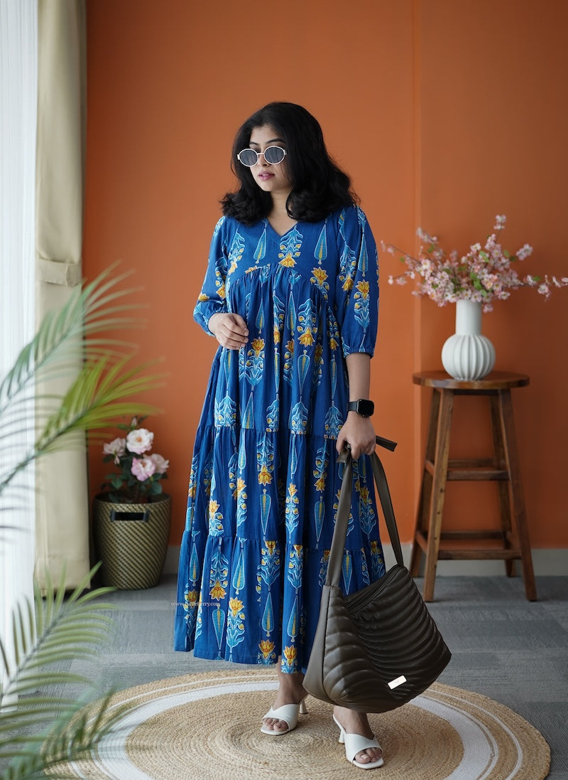 jundaze blue cotton tier dress