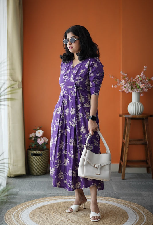 Jundaze Violet Cotton Button Wrap Dress