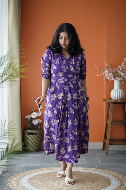 Jundaze Violet Cotton Button Wrap Dress