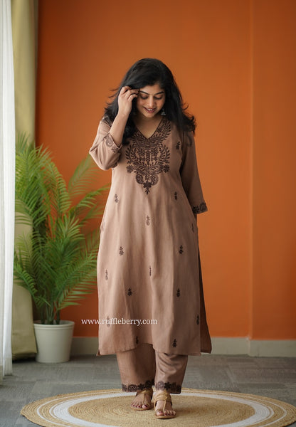 Mocha Petals Embroidered Cotton Co-ord set
