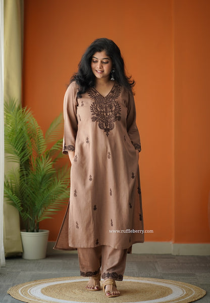 Mocha Petals Embroidered Cotton Co-ord set