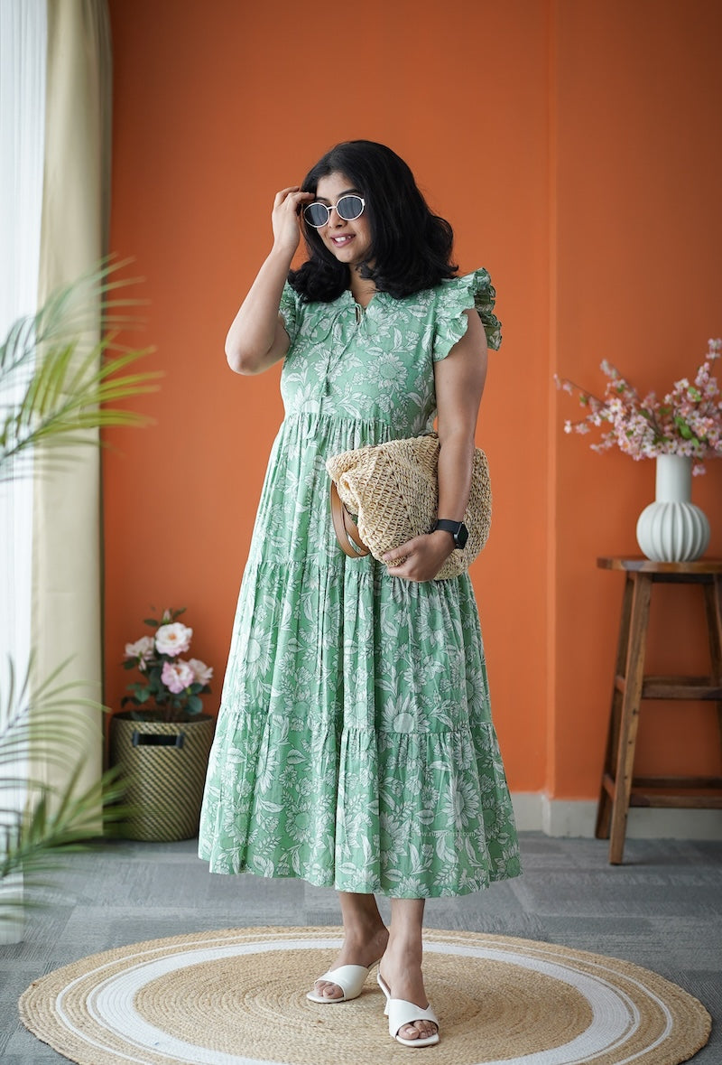 jundaze green cotton tier dress