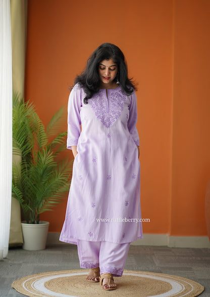 Lilac Petals Embroidered Cotton Co-ord set