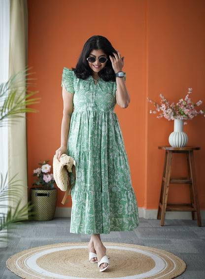Jundaze Green Cotton tier Dress