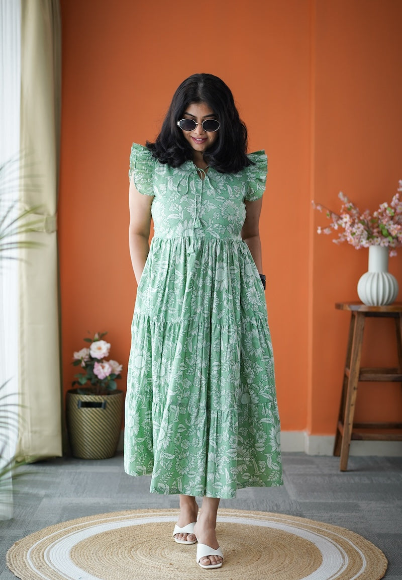 jundaze green cotton tier dress