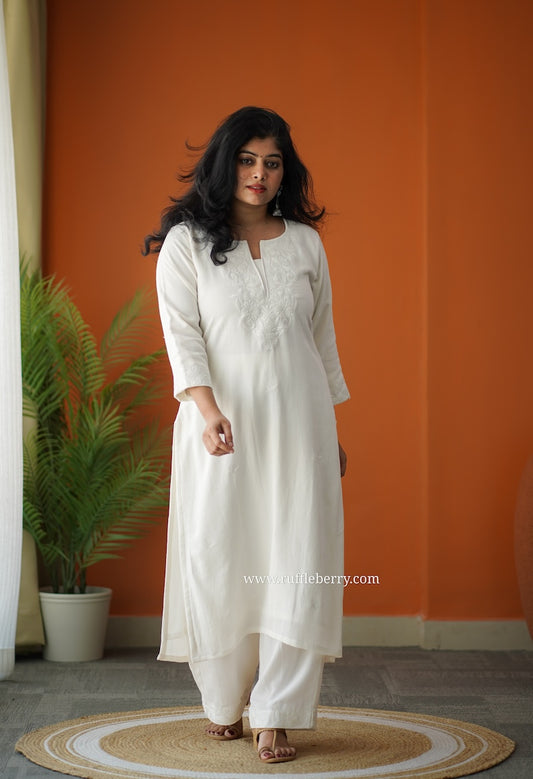 Snow Petals Embroidered Cotton Co-ord set