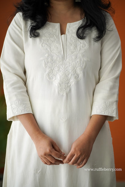 Snow Petals Embroidered Cotton Co-ord set