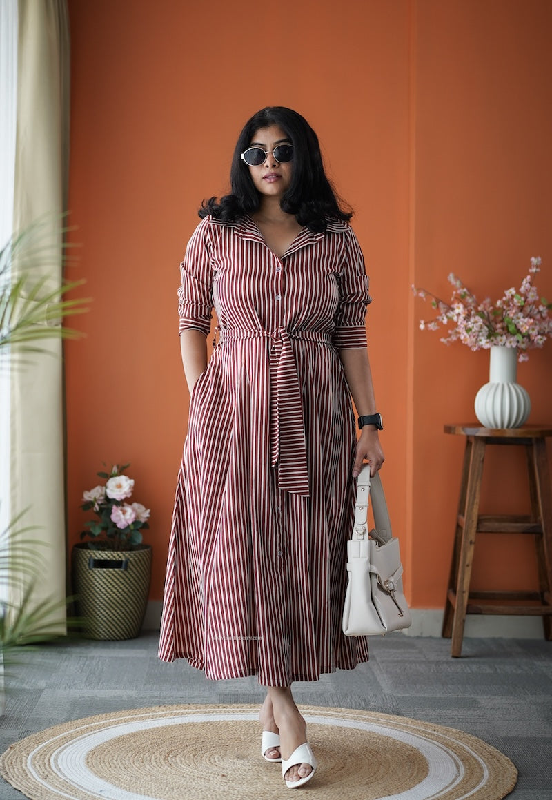 jundaze brown cotton flared shirt dress