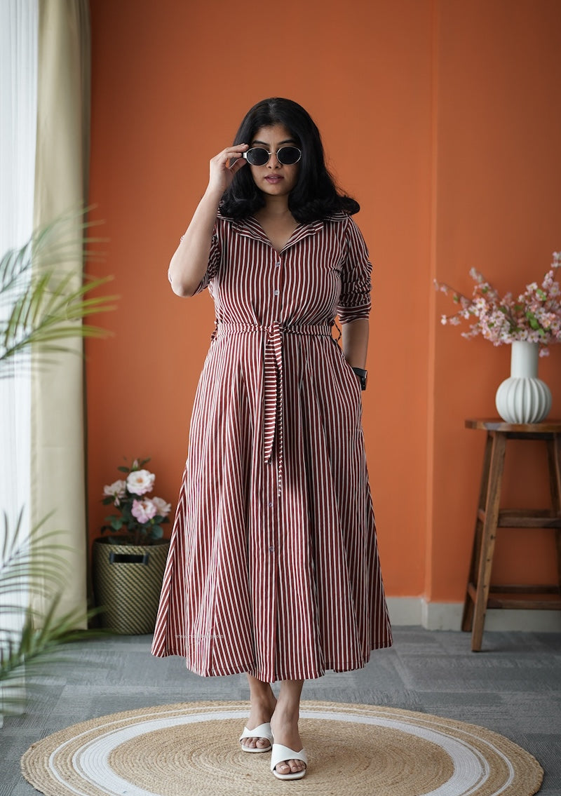 jundaze brown cotton flared shirt dress
