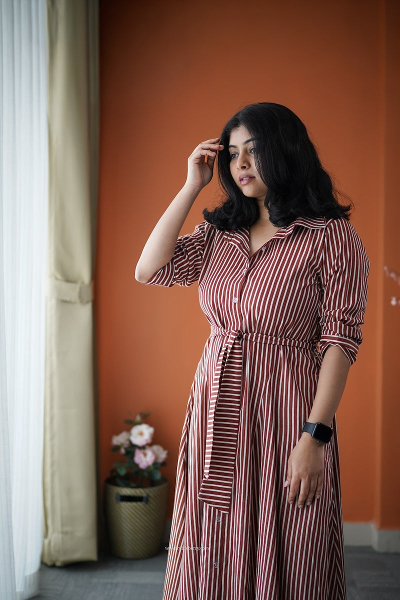 jundaze brown cotton flared shirt dress