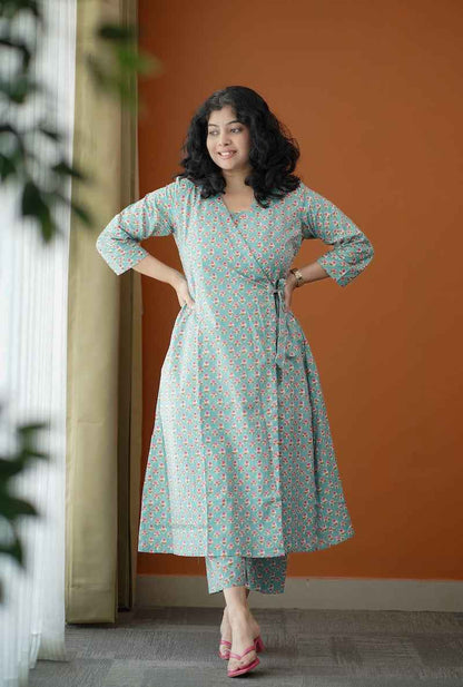 Piku Turquoise rose wrap co-ord set