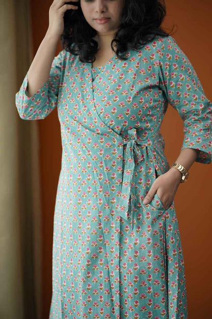 Piku Turquoise rose wrap co-ord set