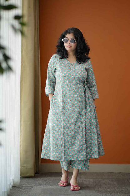 Piku Turquoise rose wrap co-ord set