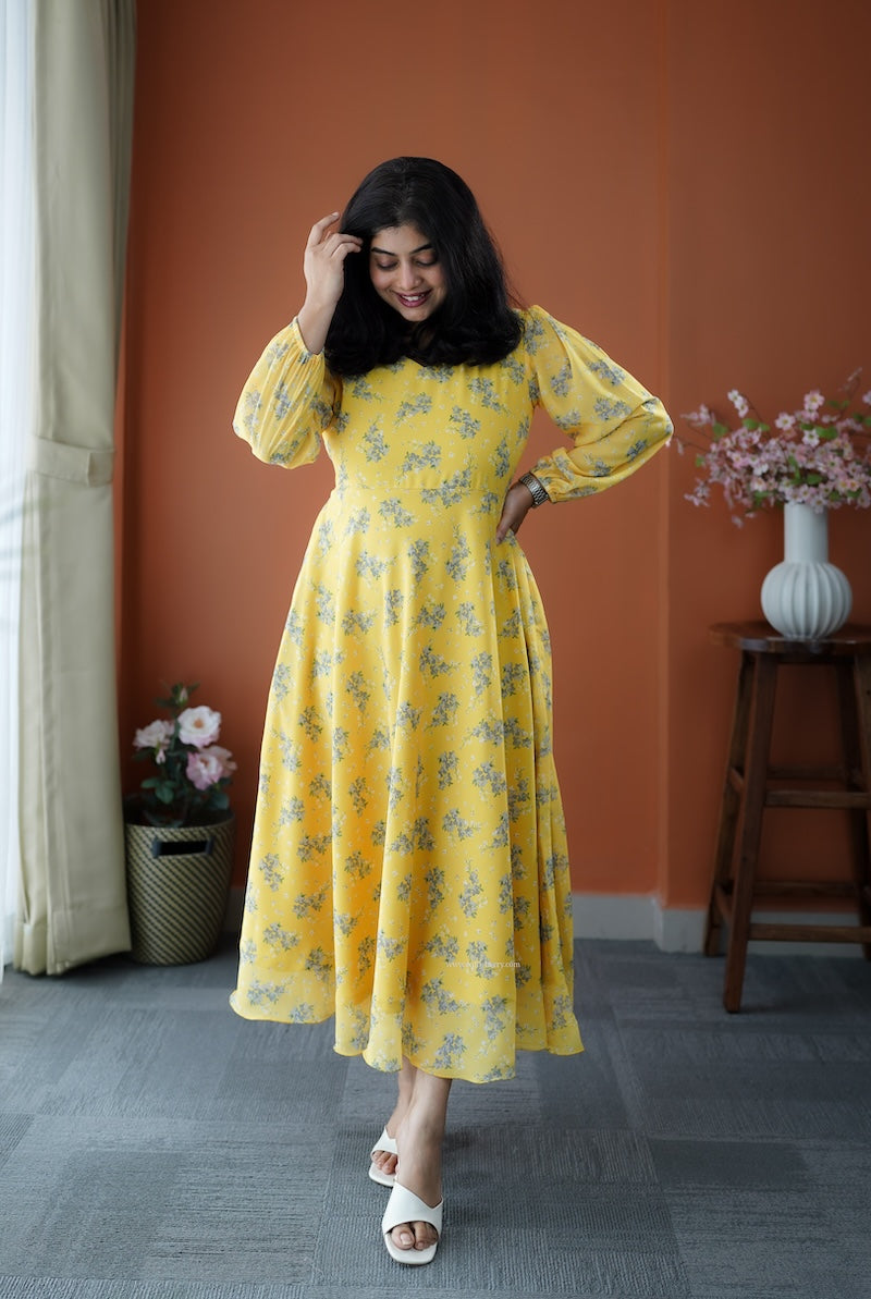 junaluv yellow georgette fit & flare dress