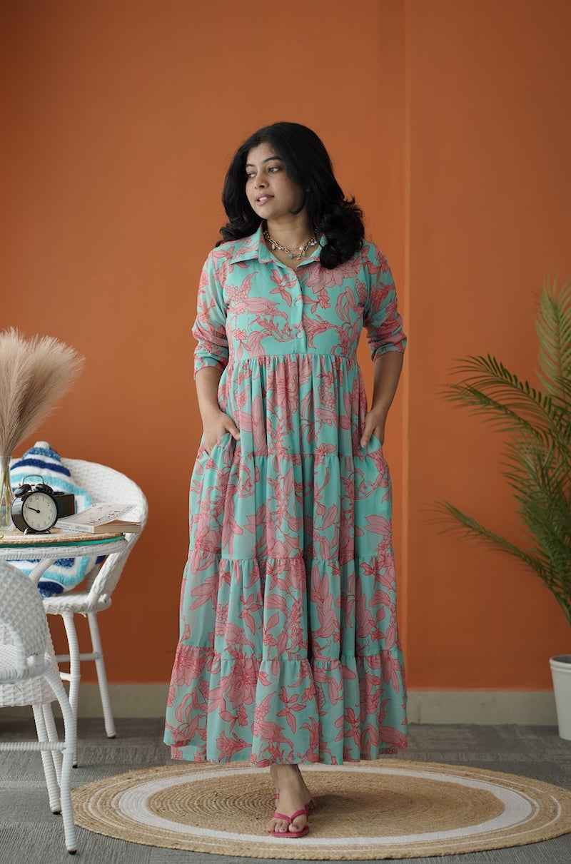 sol mint green collared georgette tier dress